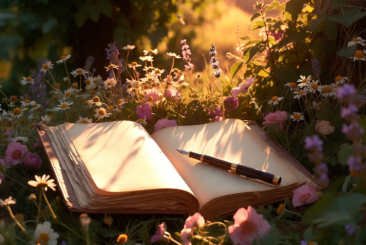 nner Bloom Journal — An open vintage journal with blank pages resting among wildflowers including daisies, pink roses, and lavender, bathed in warm golden sunlight with a fountain pen nearby.