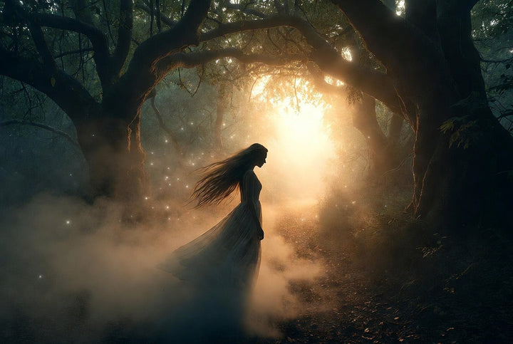 Symbolic shadow work artwork: A mystical woman walks through a dark enchanted forest toward radiant golden light, with mist and sparkles — representing the path of healing, integration, and stepping into wholeness.