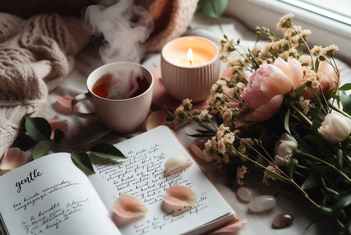 Cozy self-care ritual flat lay featuring an open journal with gentle handwritten prompts, a steaming cup of tea, a lit candle, fresh flowers, and crystals — creating a nurturing space for healing and reflection