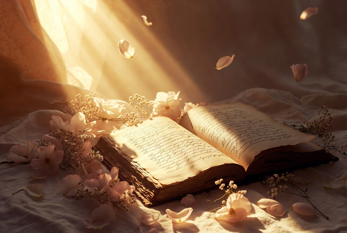 Open book with handwritten poetry surrounded by delicate white flower petals on soft fabric, bathed in warm golden sunlight, romantic and dreamy literary scene